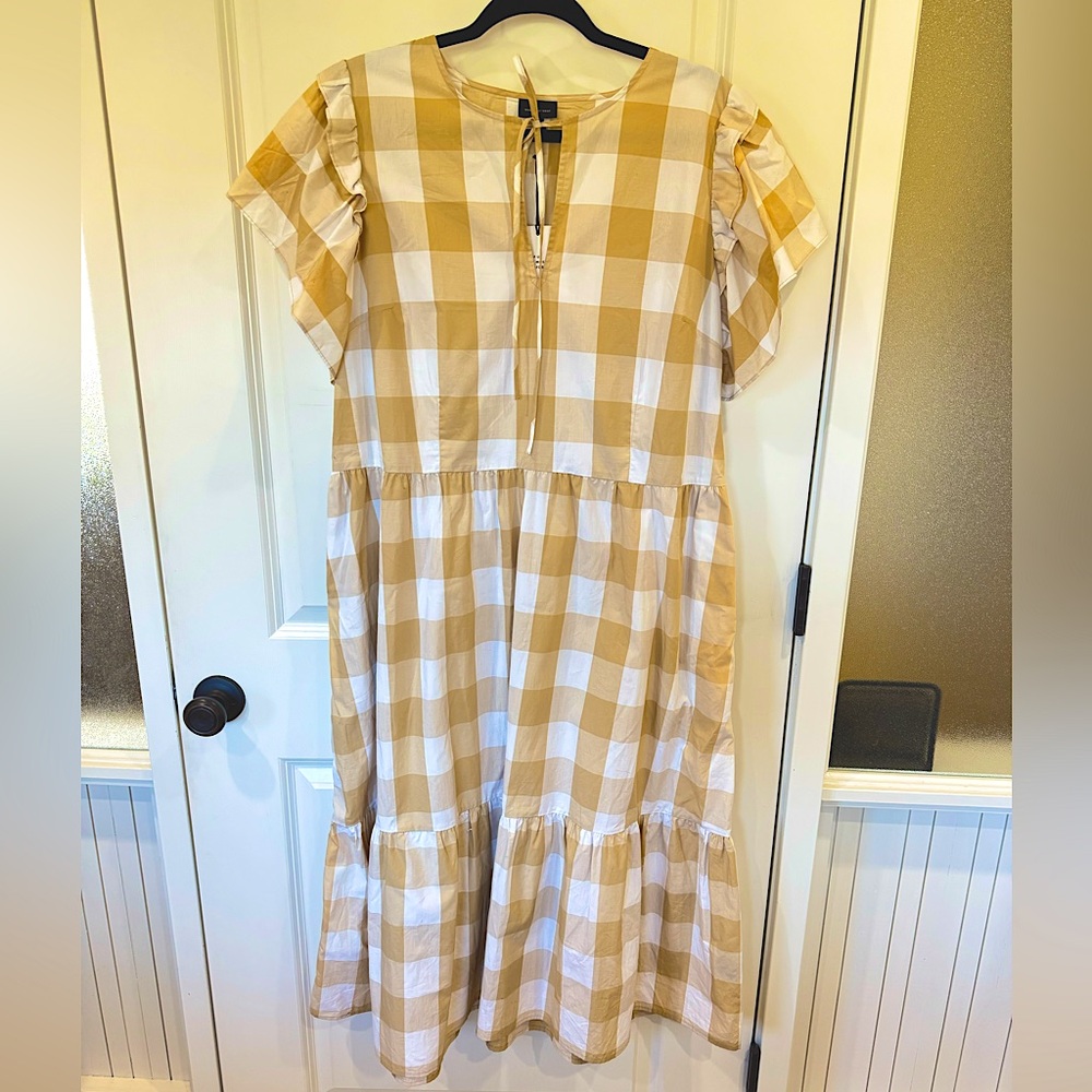 NWT Who What Wear Women's Short Sleeve Gingham Tan/White Midi Dress, Size XXL